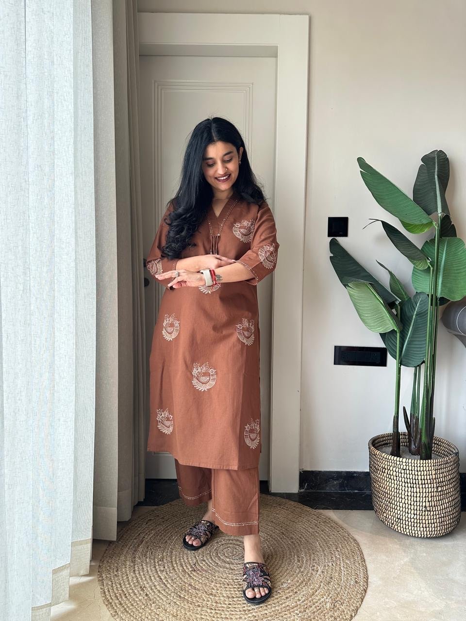 Raisha Embroidered Pant Set- Earthy