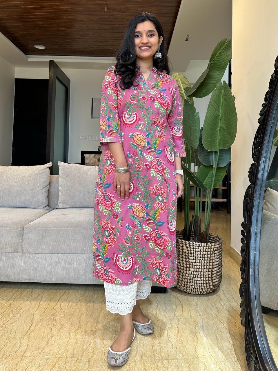 V-Neck Cotton Kurta- Bright Pink Florals