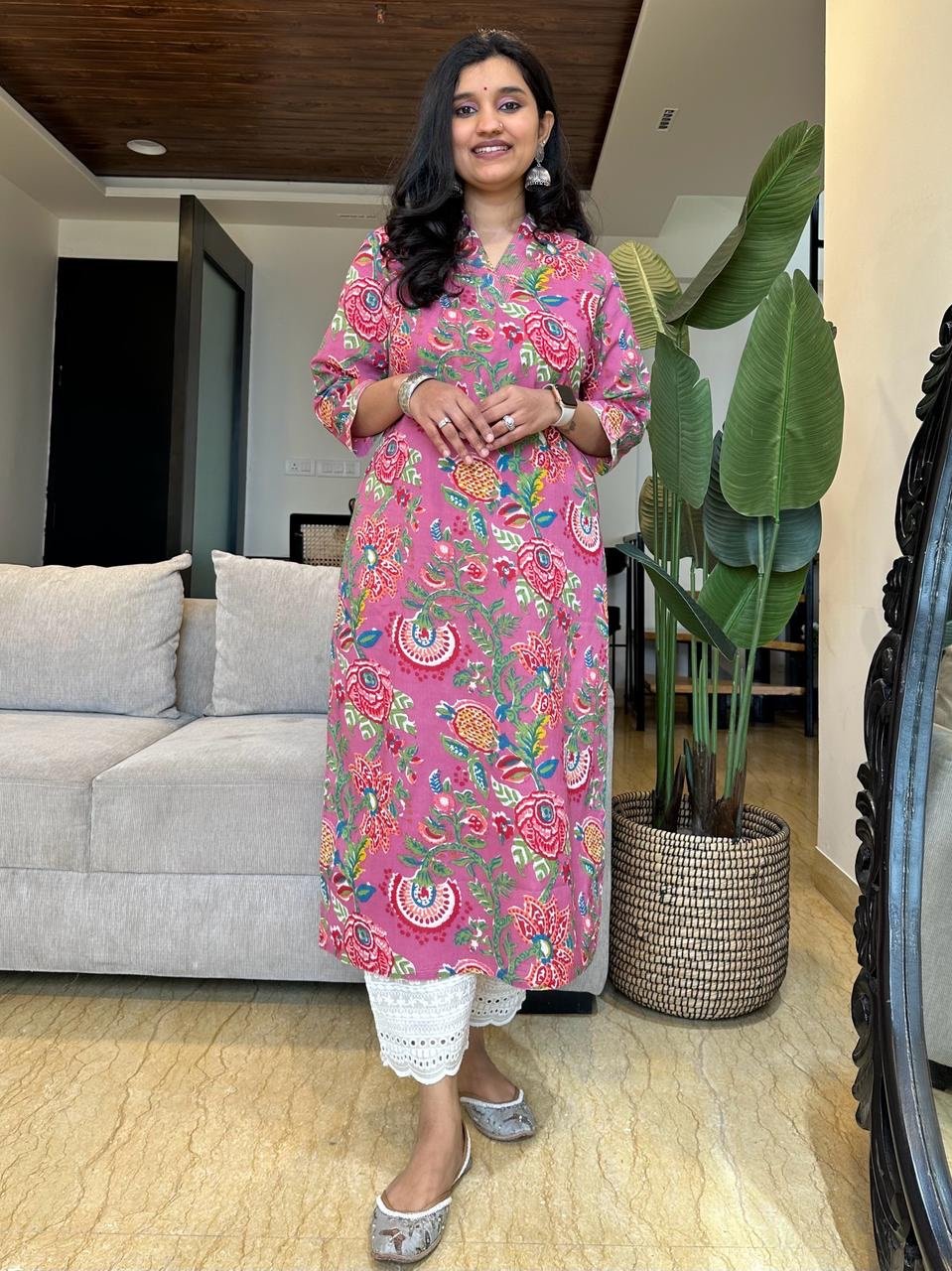 V-Neck Cotton Kurta- Bright Pink Florals