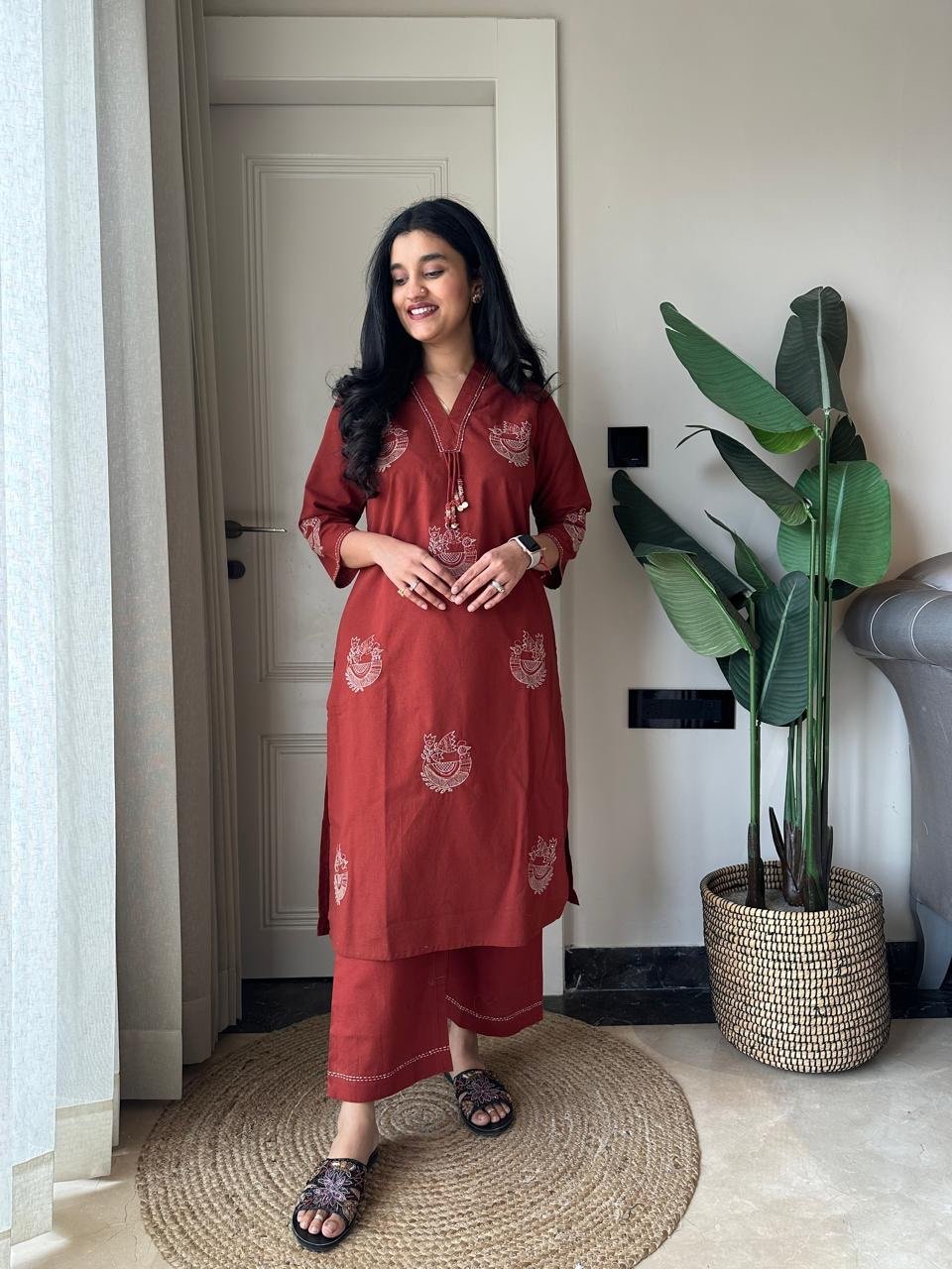 Raisha Embroidered Pant Set- Brick