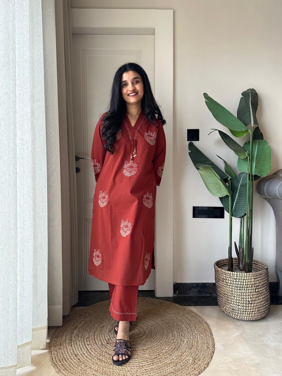 Raisha Embroidered Pant Set- Brick