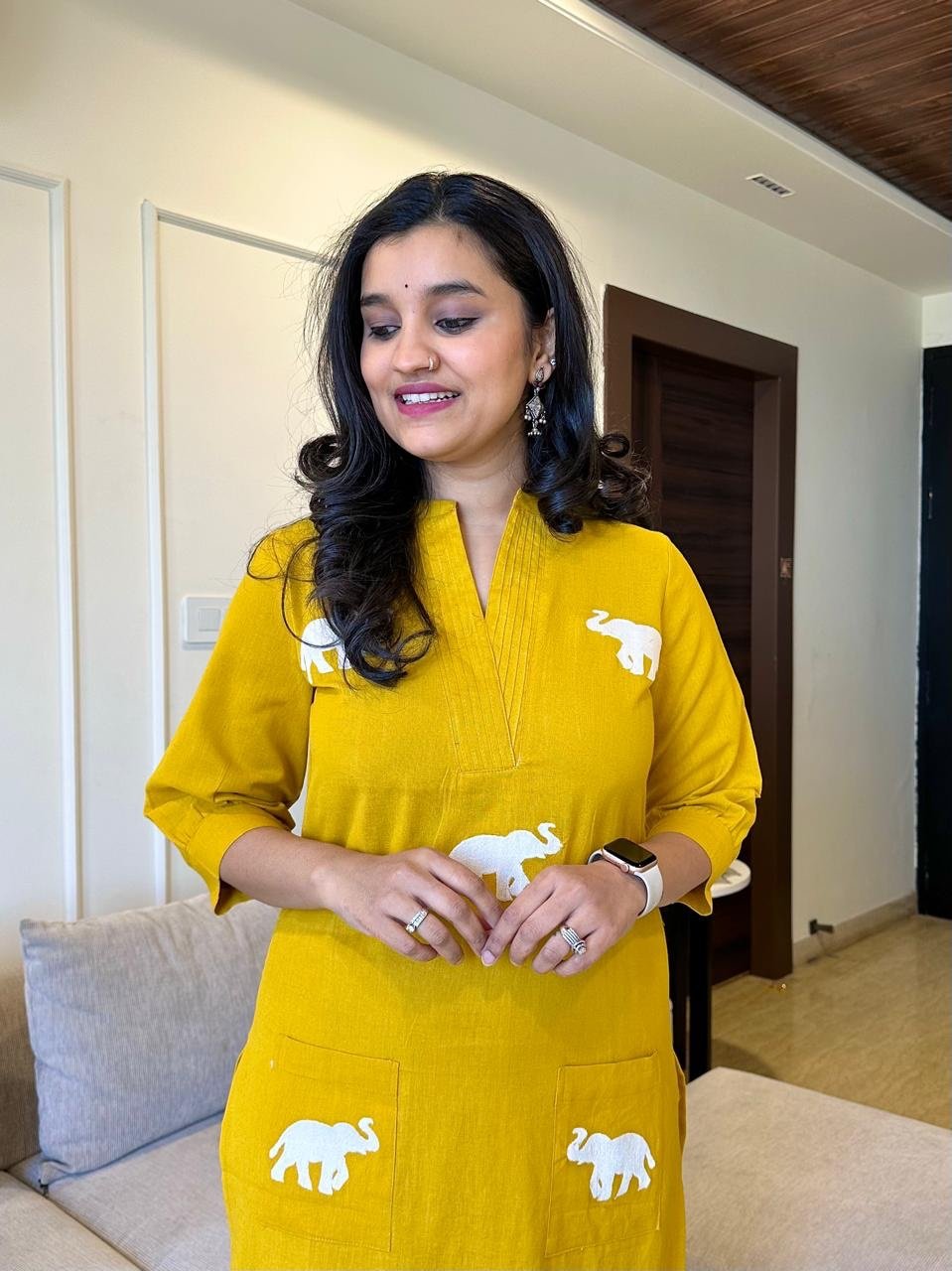 Tia Embroidered Cotton Pant Set- Yellow