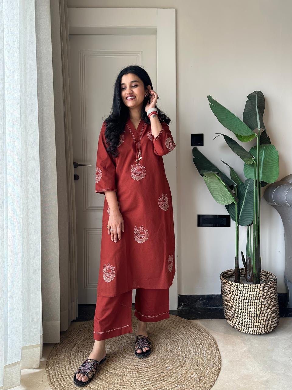 Raisha Embroidered Pant Set- Brick