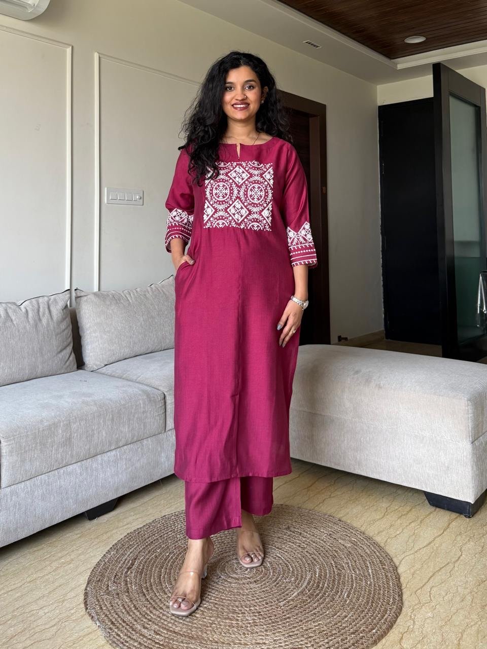 Neer Embroidered Straight Set- Maroon