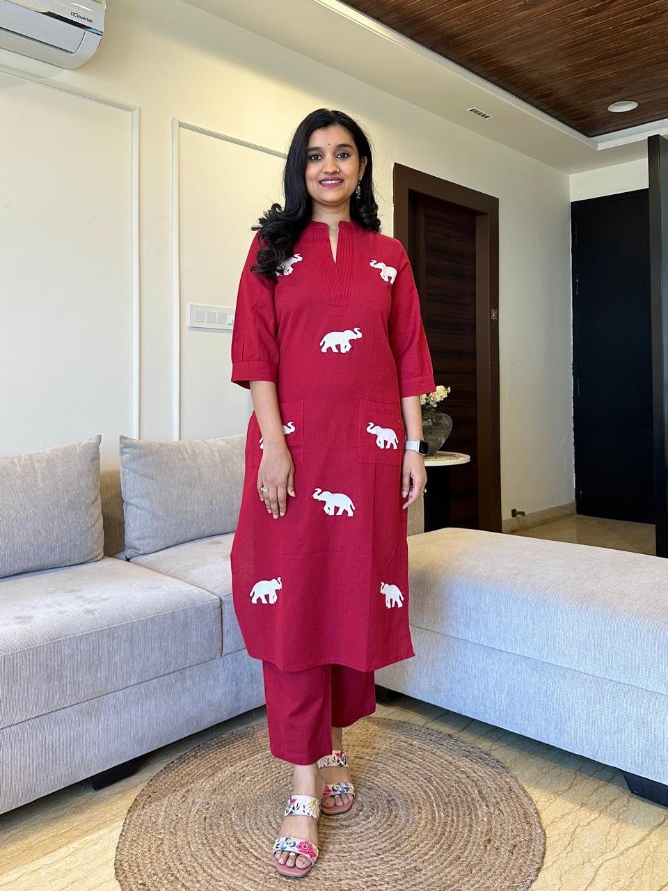Tia Embroidered Cotton Pant Set- Maroon