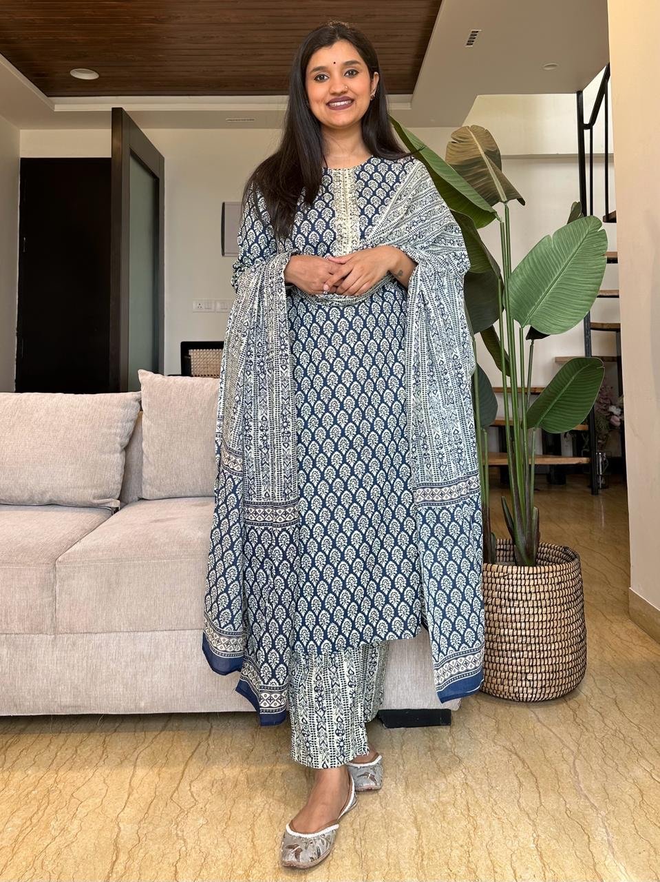 Zeeya Navy White Budget Cotton Suit Set