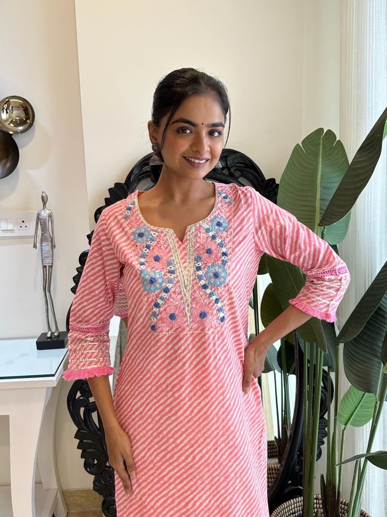Fringe Pink Leheriya Kurta