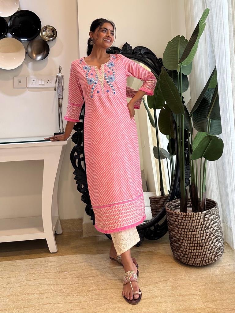 Fringe Pink Leheriya Kurta