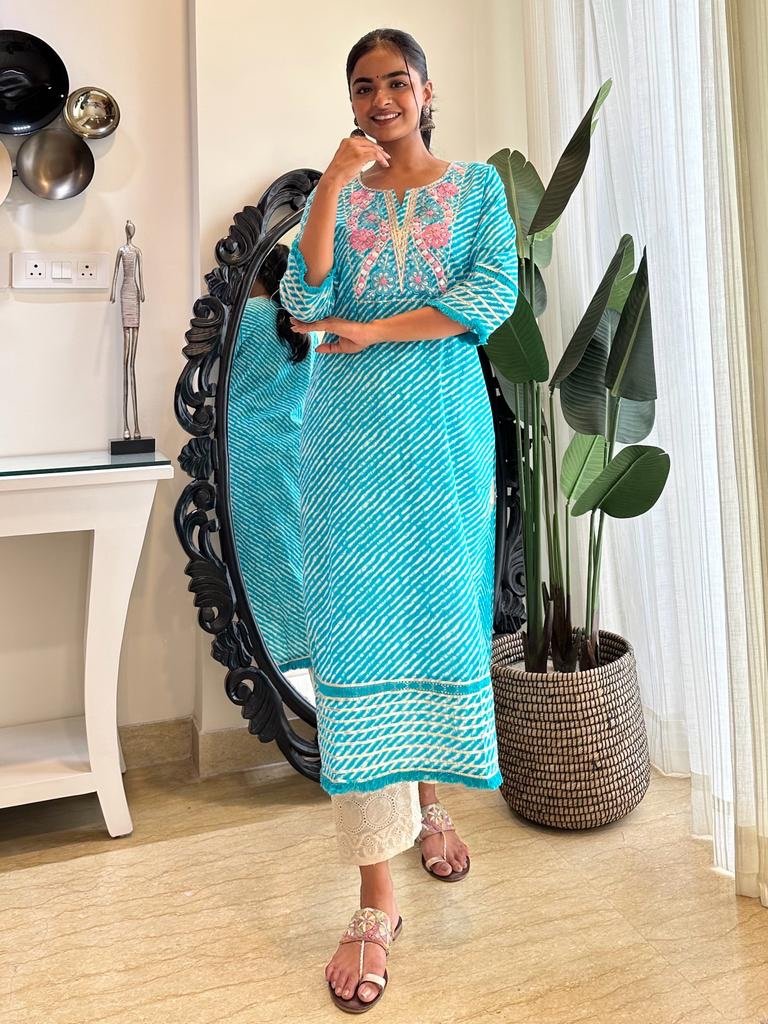 Fringe Light Blue Leheriya Kurta