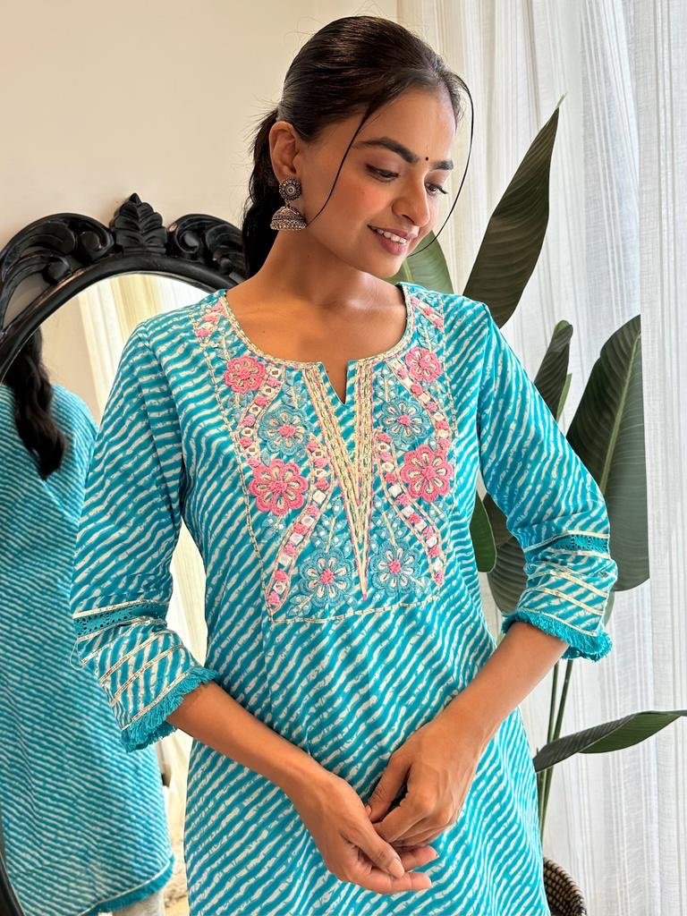 Fringe Light Blue Leheriya Kurta