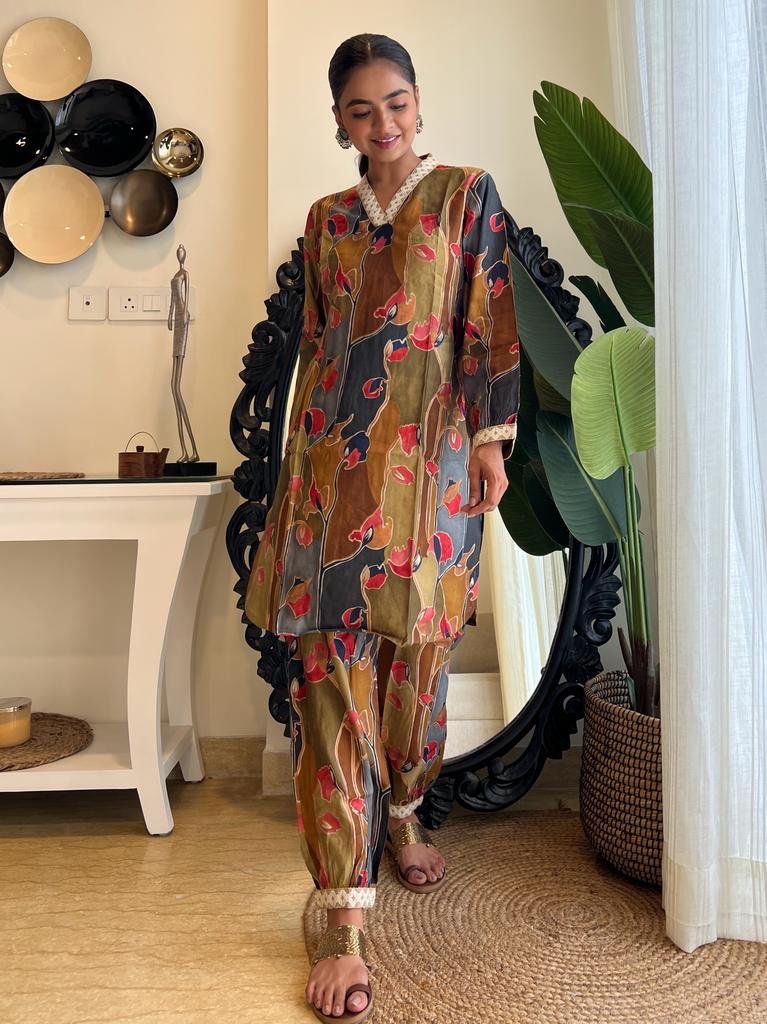 Olive Dark Floral Afghan Coord Set