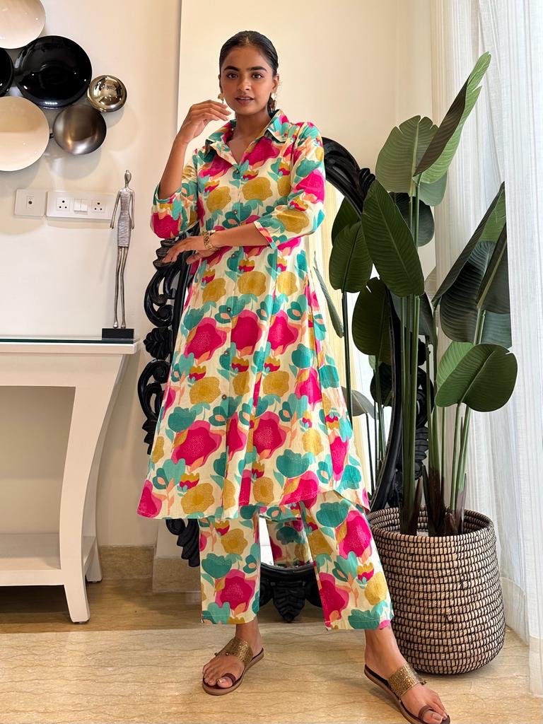 Pink Green Big Floral Coord Set