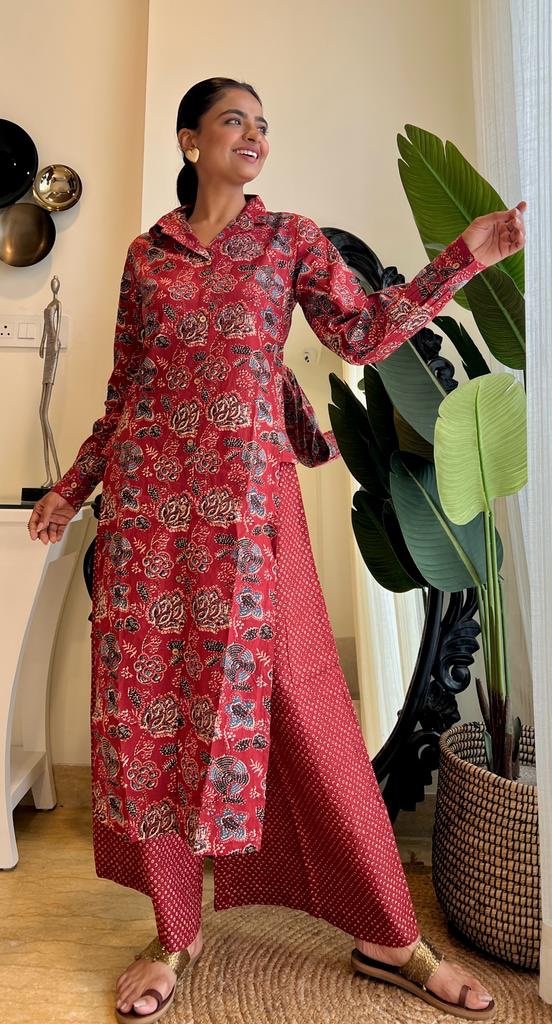 Red Floral Side Cut Coord Set