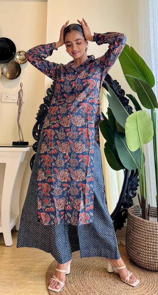 Indigo Floral Side Cut Coord Set