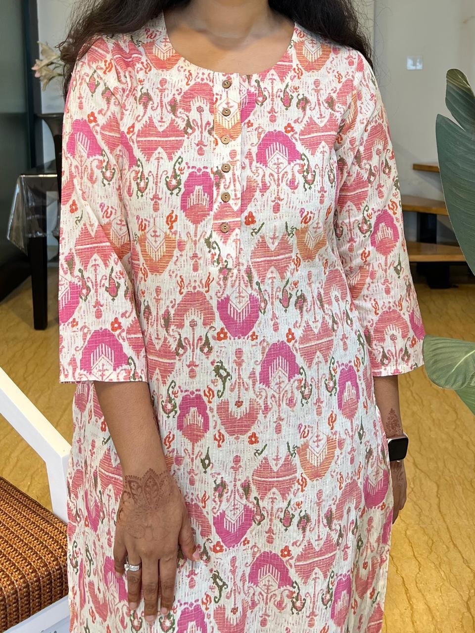 Weekend Round Neck Kurta- Off white Ikkat Print