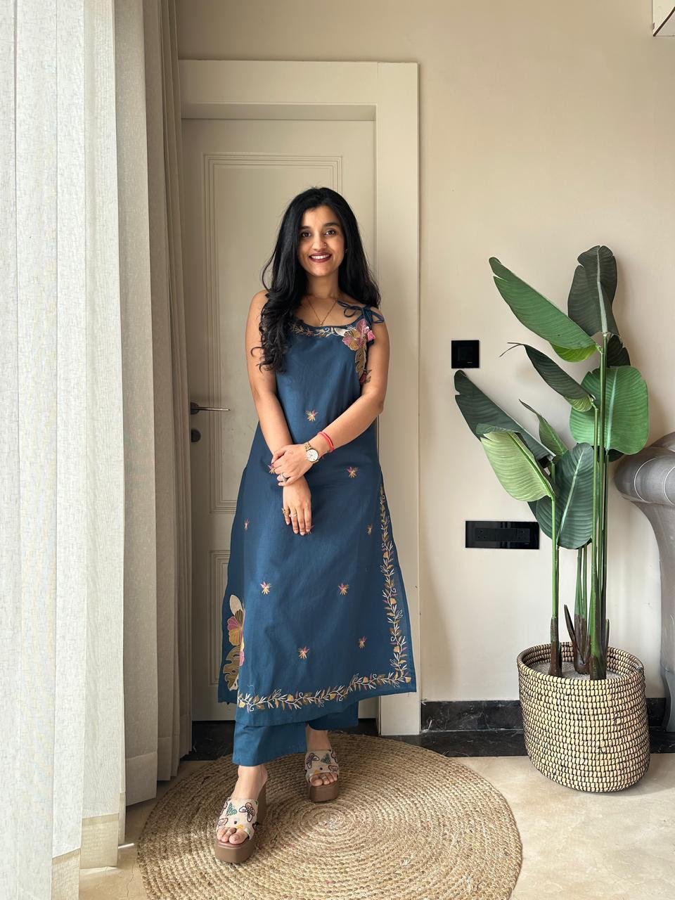 Zuhra Embroidered Pant Set- Teal Blue