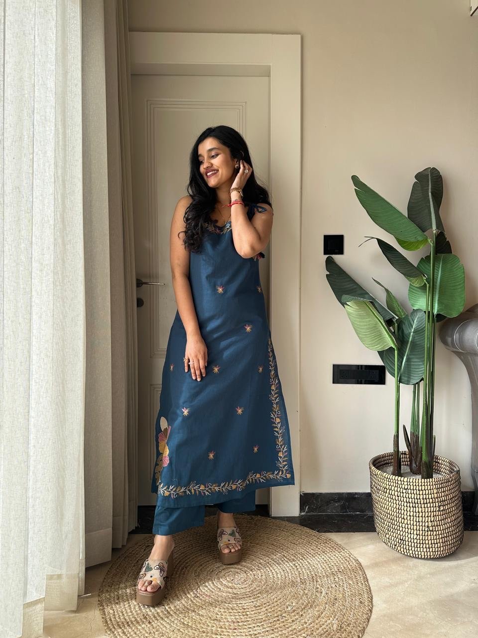 Zuhra Embroidered Pant Set- Teal Blue