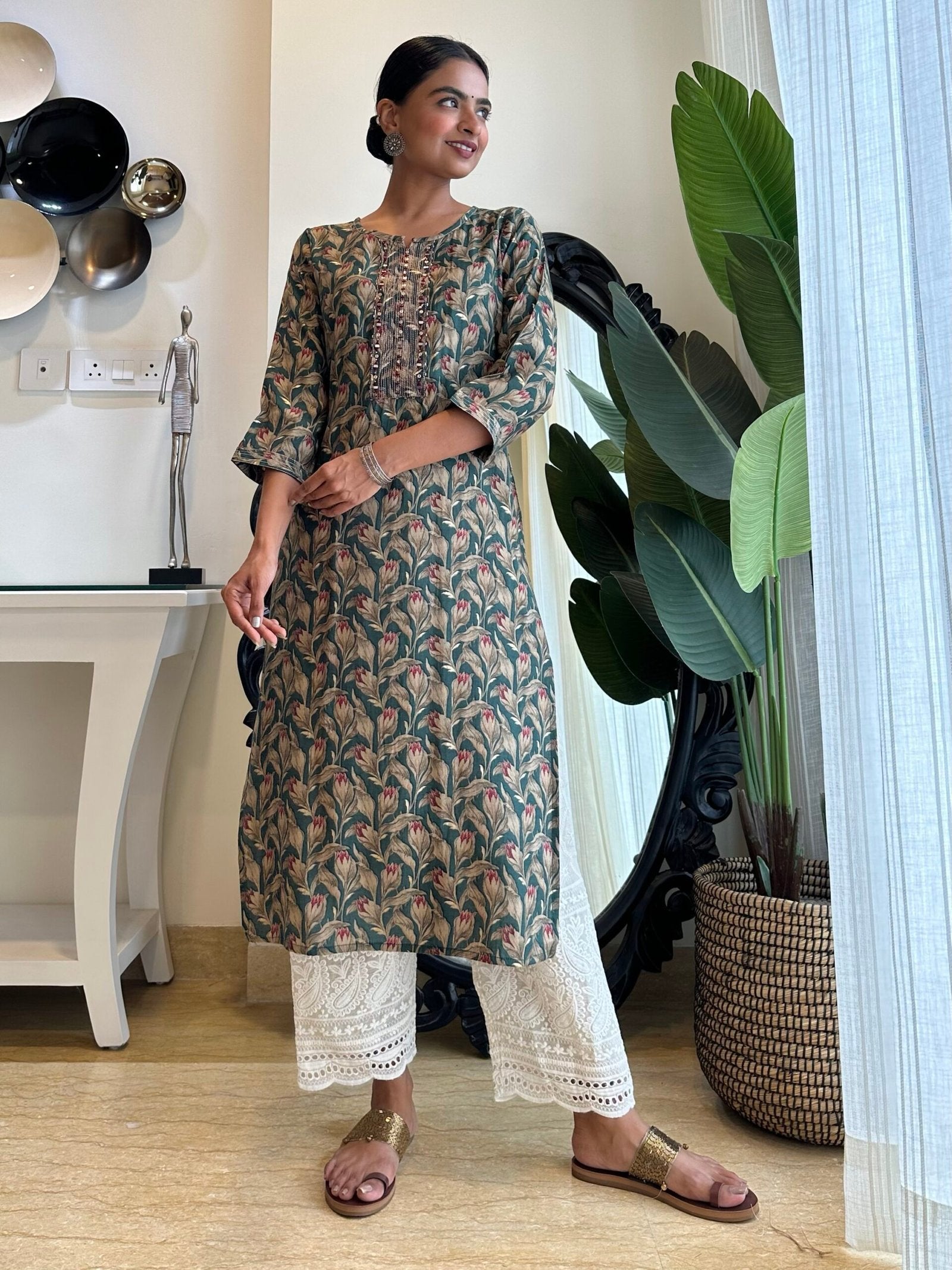 Dark Green Leaves Muslin Kurta