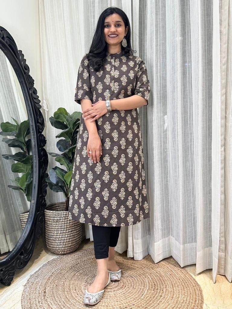 Weekend Cotton Kurta- Brown Boota