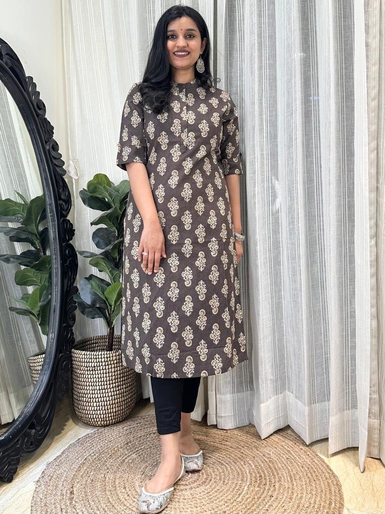 Weekend Cotton Kurta- Brown Boota