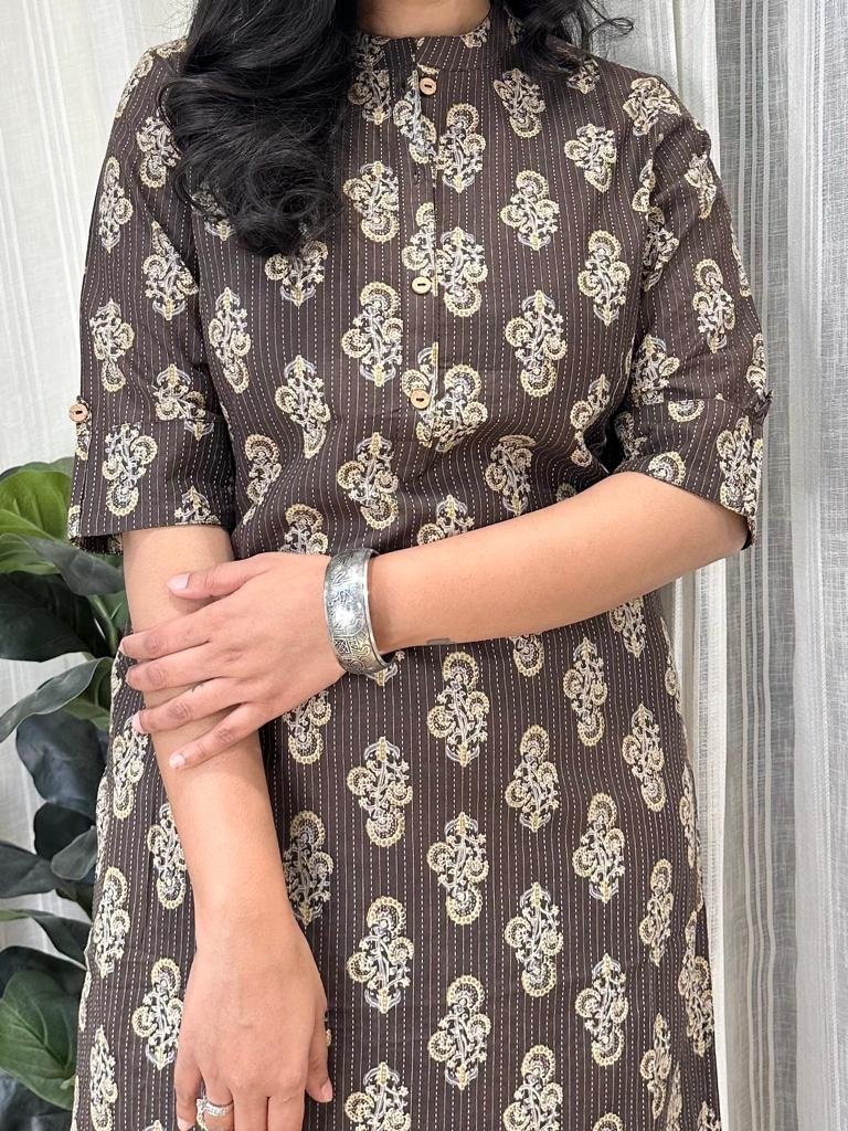 Weekend Cotton Kurta- Brown Boota