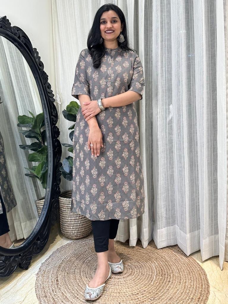 Weekend Cotton Kurta- Grey Boota