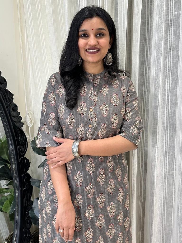 Weekend Cotton Kurta- Grey Boota