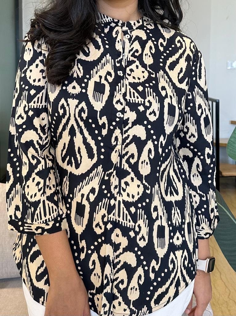 Rayon Short Kurta- Cream Geometric