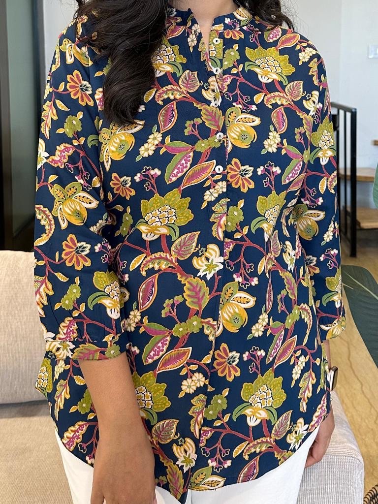 Rayon Short Kurta- Navy Blue Bright Florals