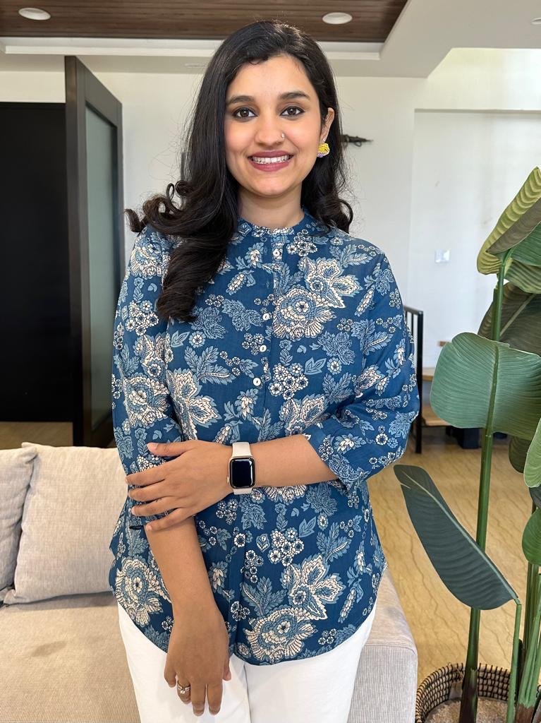 Rayon Short Kurta- Royal Blue Florals