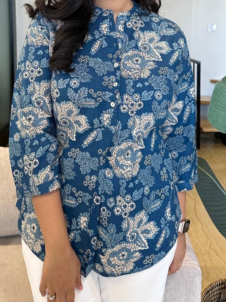 Rayon Short Kurta- Royal Blue Florals