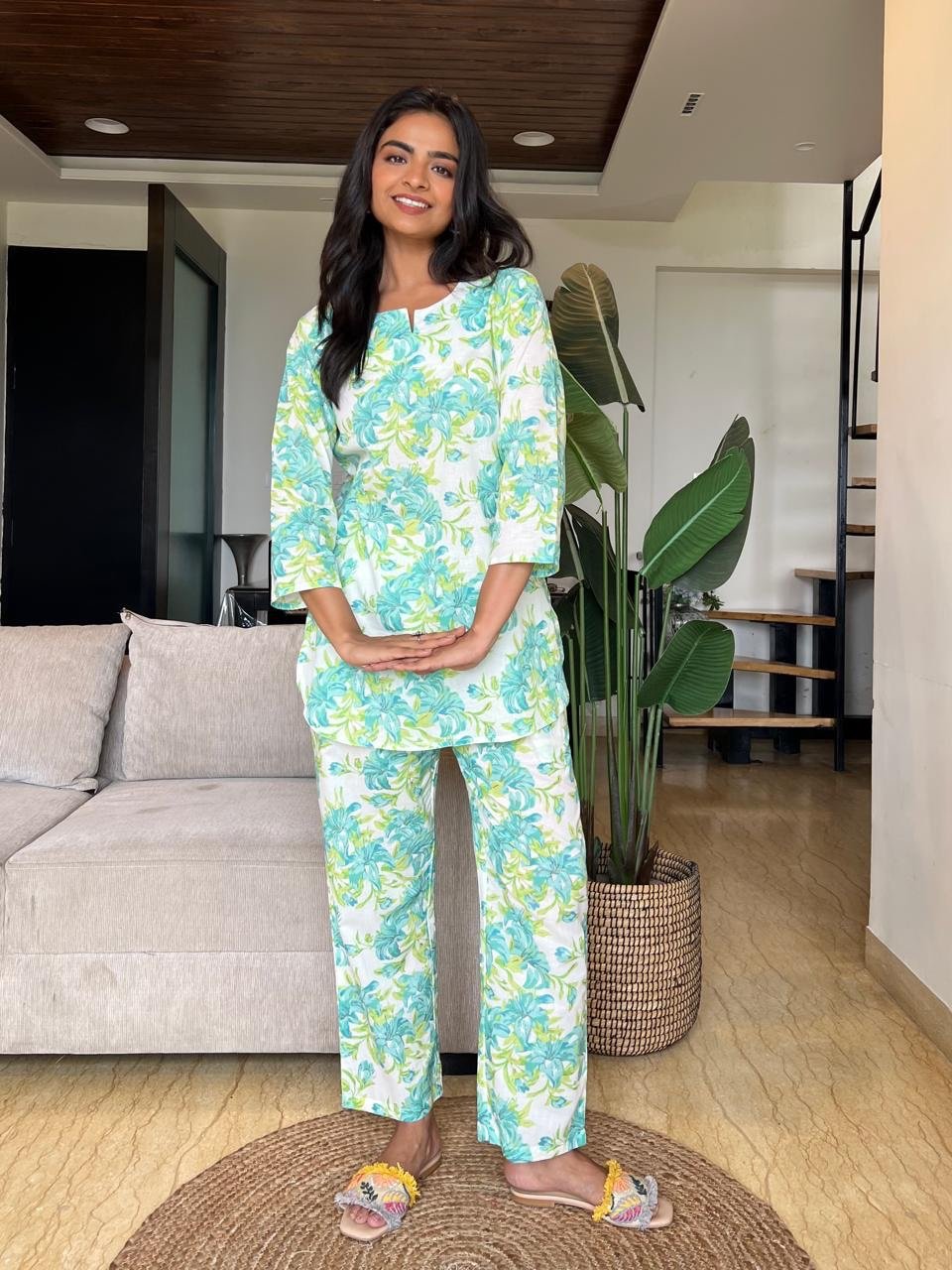 Cotton Lounge Set- White Fresh Florals