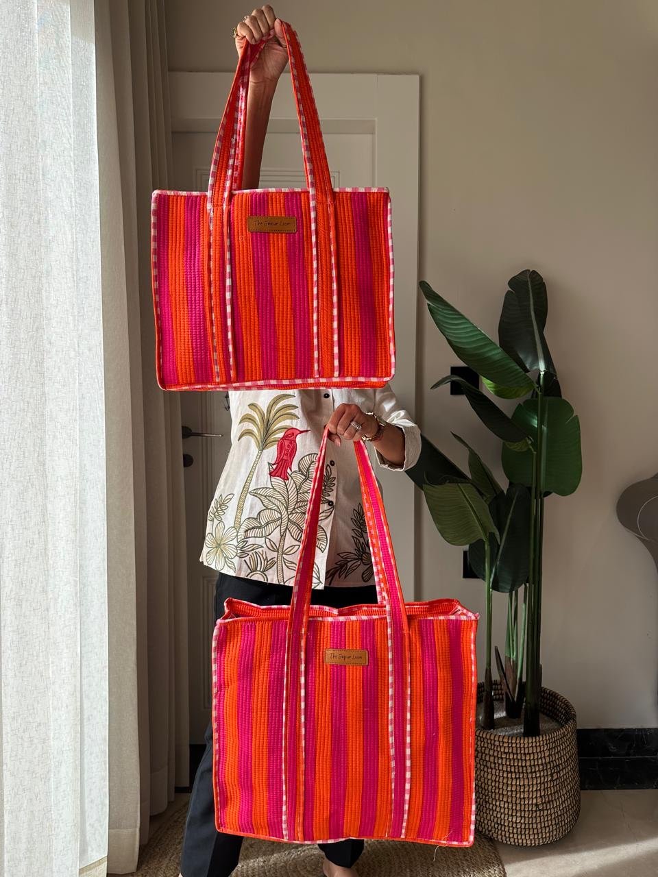 Quilted Tote Bag- Pink Orange Stripes