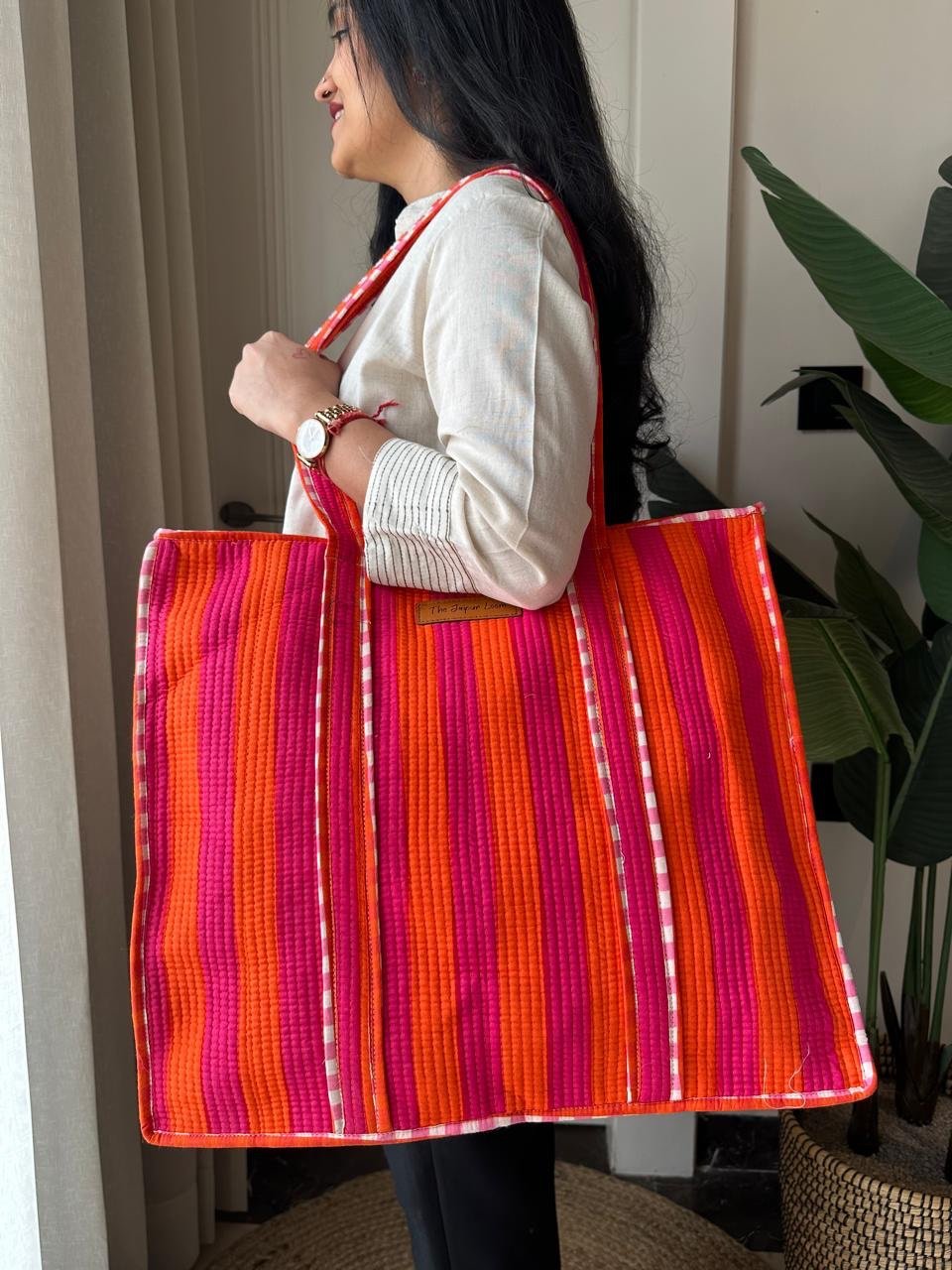 Quilted Tote Bag- Pink Orange Stripes