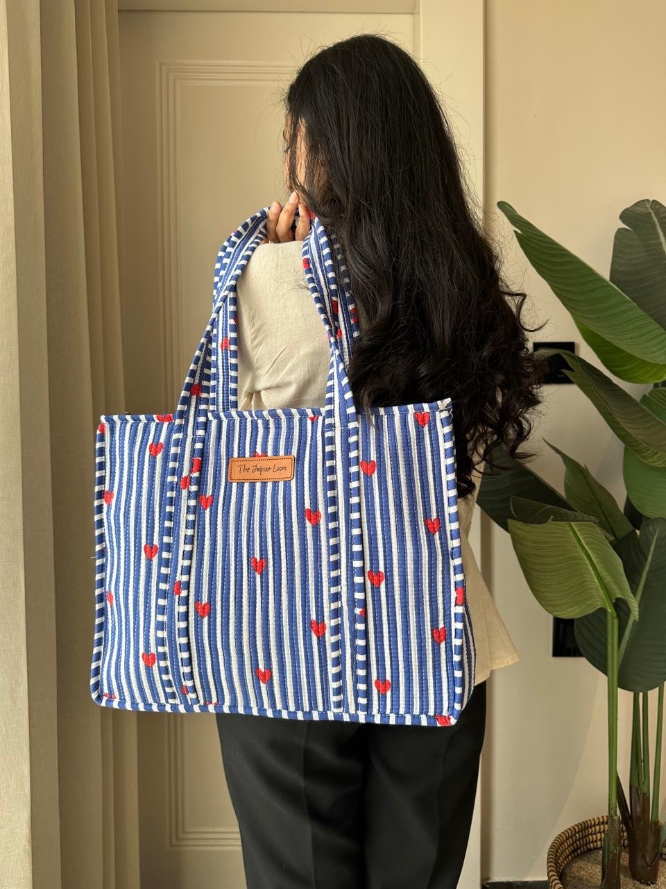 Quilted Tote Bag- Blue Stripes