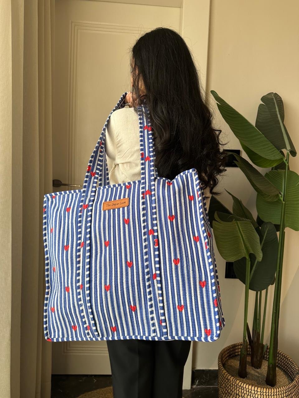 Quilted Tote Bag- Blue Stripes