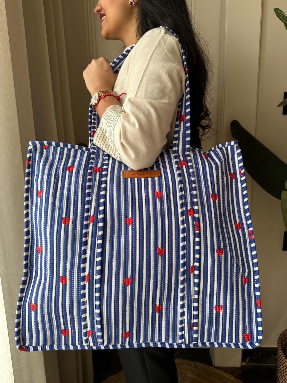 Quilted Tote Bag- Blue Stripes