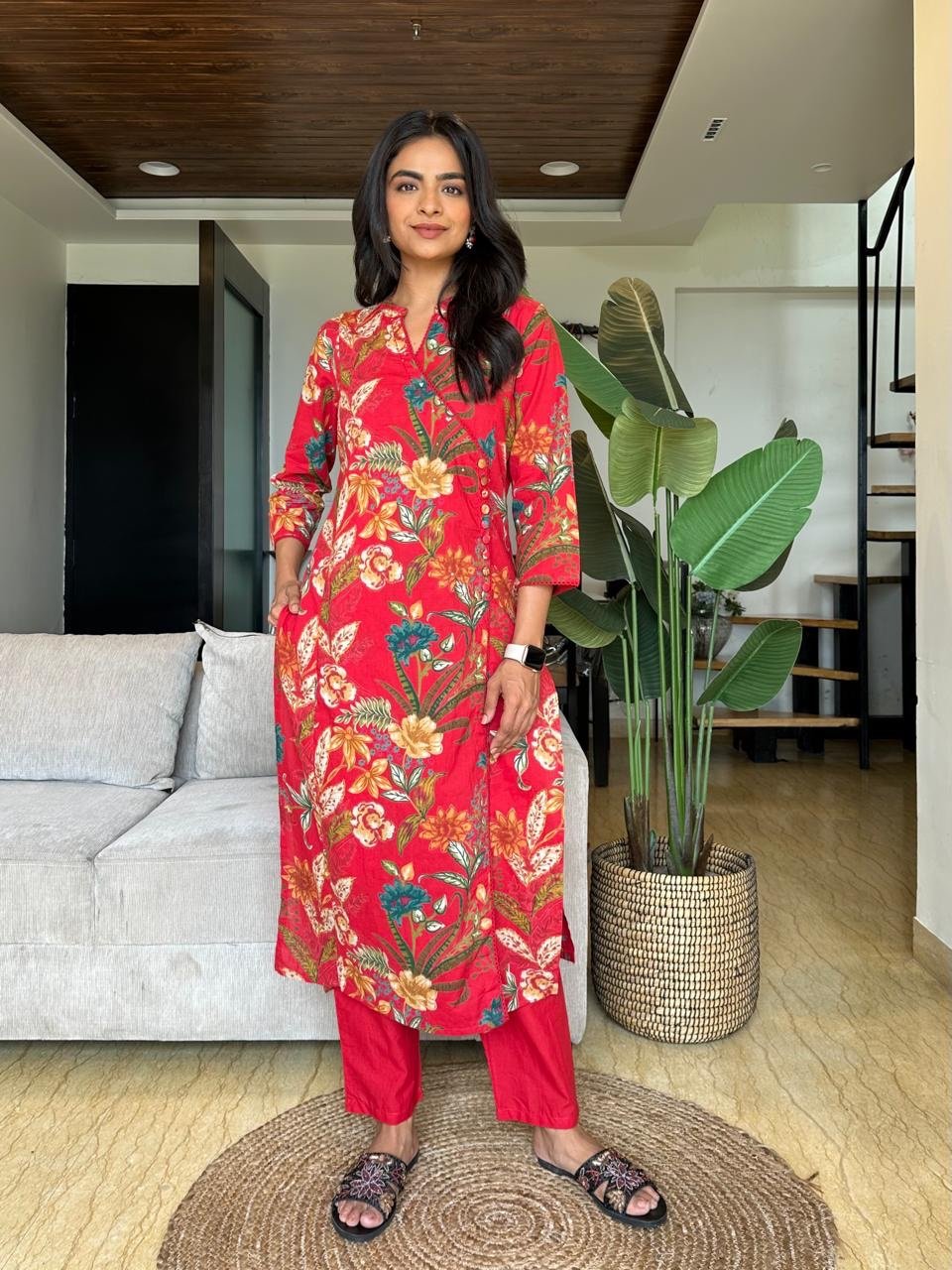 Angrakha Style Cotton Pant Set- Red