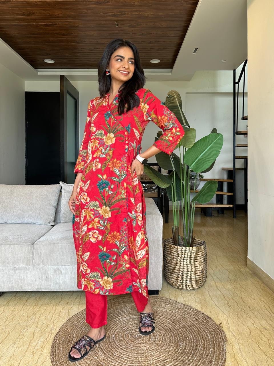 Angrakha Style Cotton Pant Set- Red