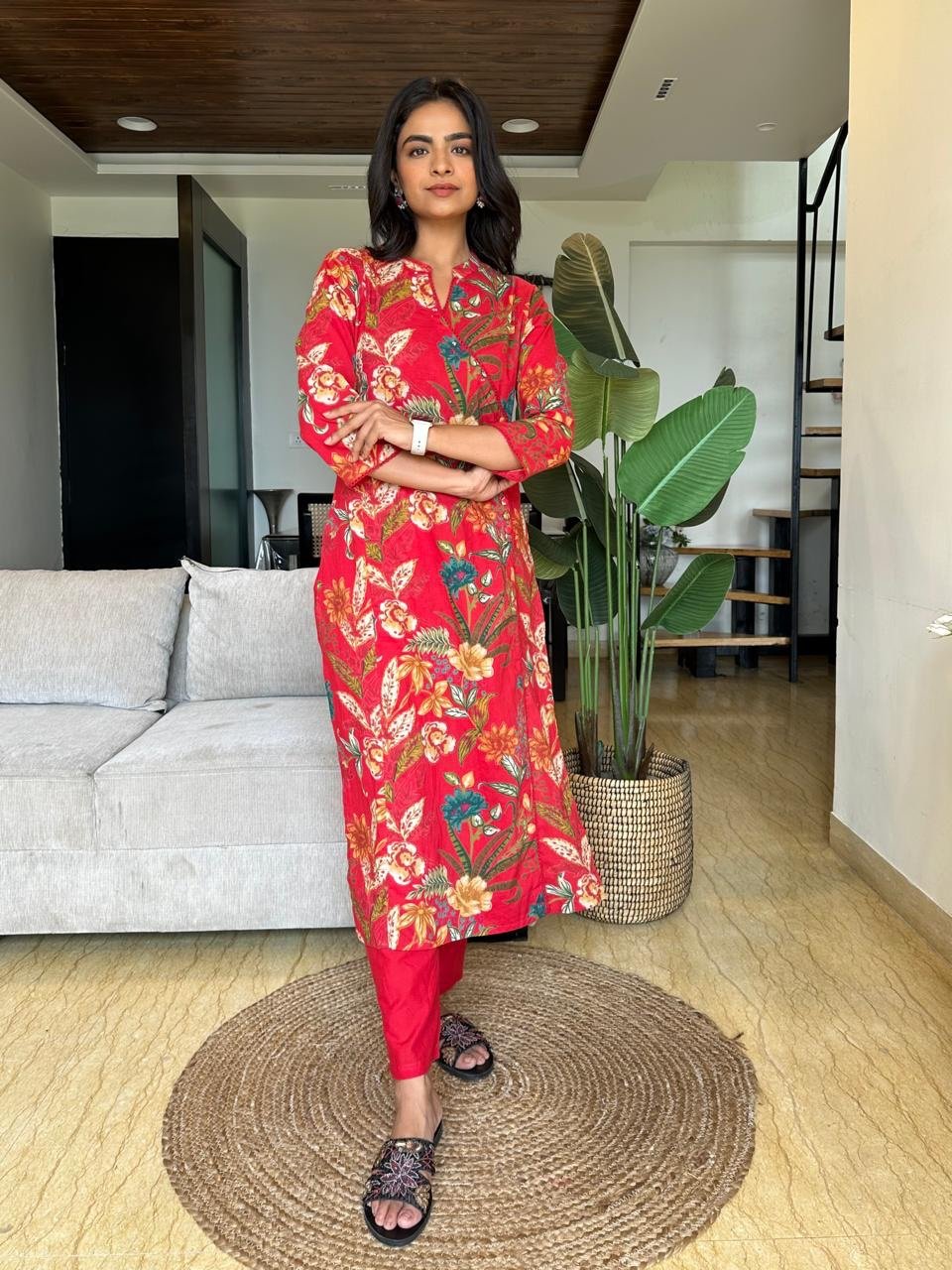 Angrakha Style Cotton Pant Set- Red