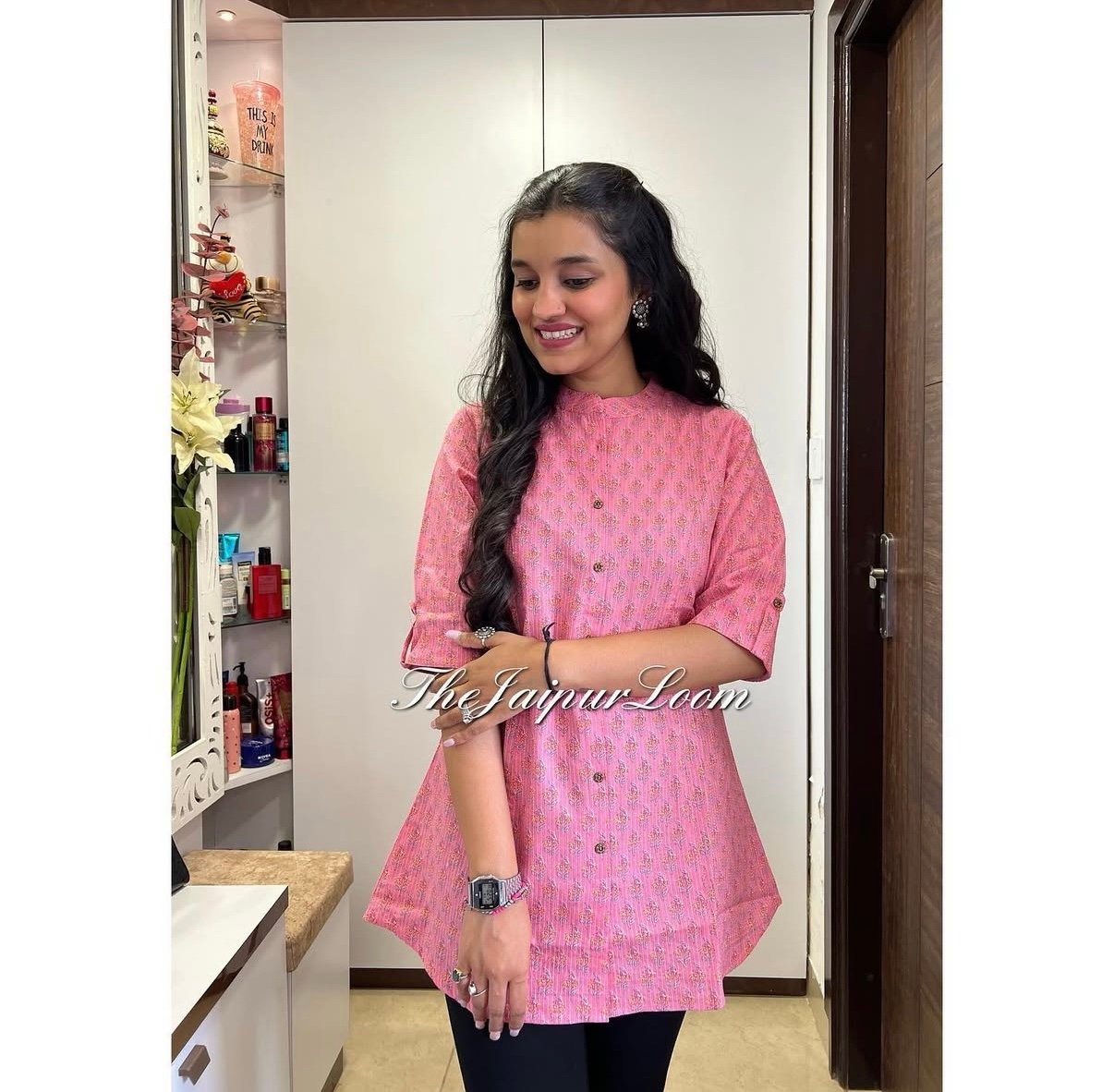 Shiri Short Cotton Top- Pink Booti