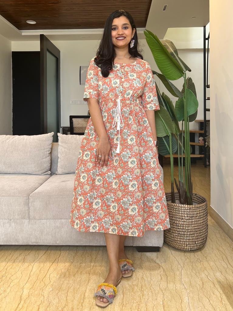 Cotton Midi Dress- Orange Florals