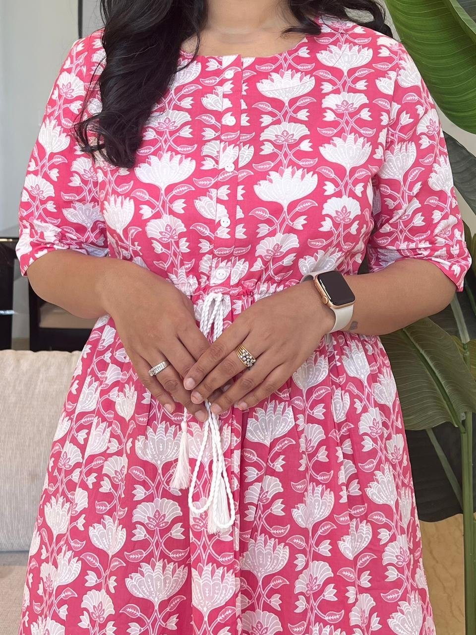 Cotton Midi Dress- Pink Floral Bel