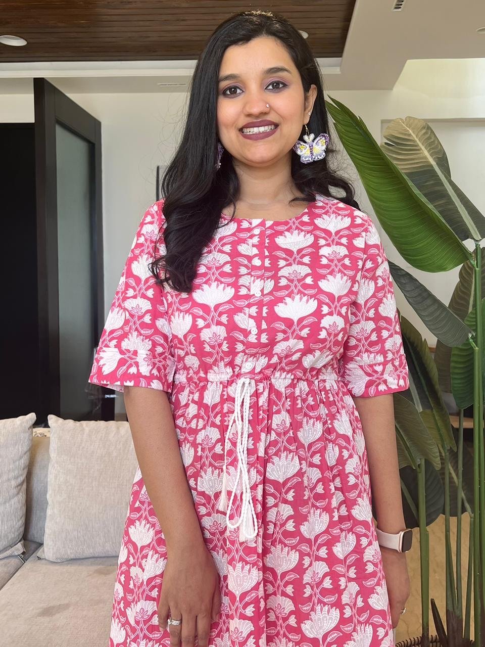 Cotton Midi Dress- Pink Floral Bel