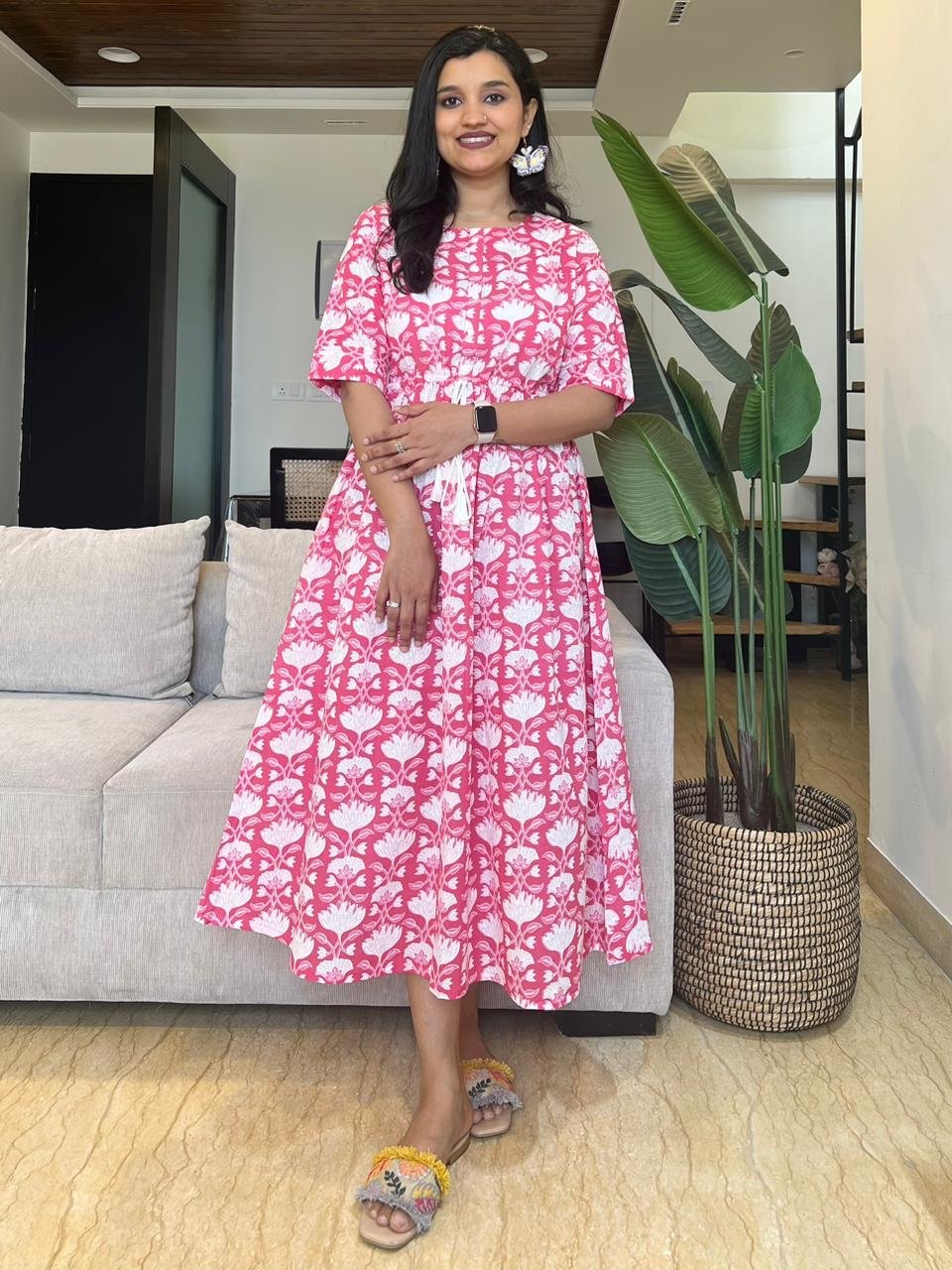 Cotton Midi Dress- Pink Floral Bel