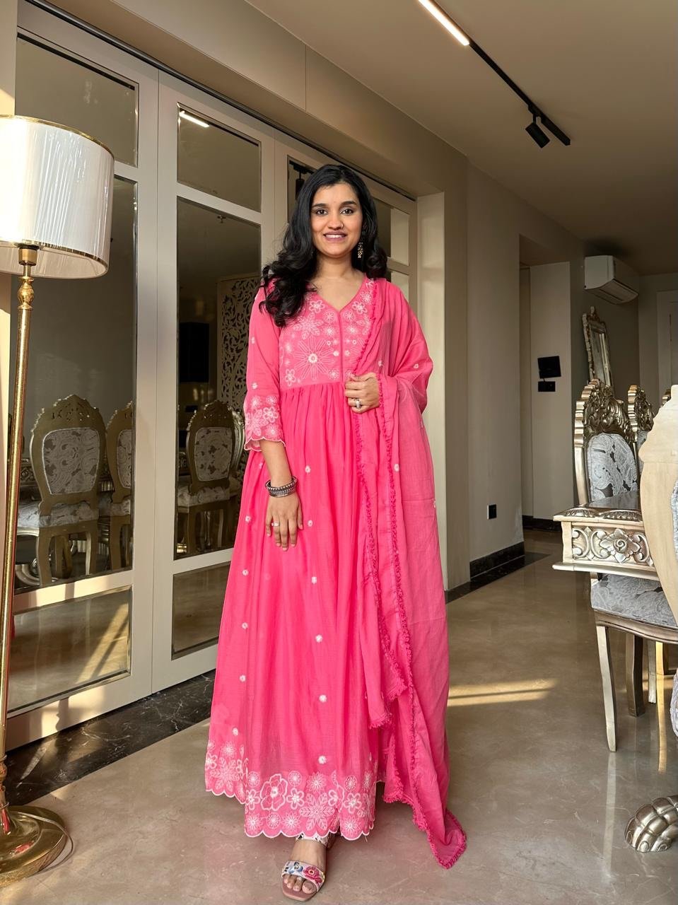 Nia Embroidered Mulmul Anarkali Set- Pink