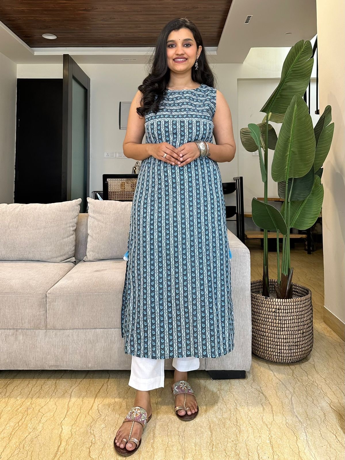 Blue Stripe Sleeveless Kurta