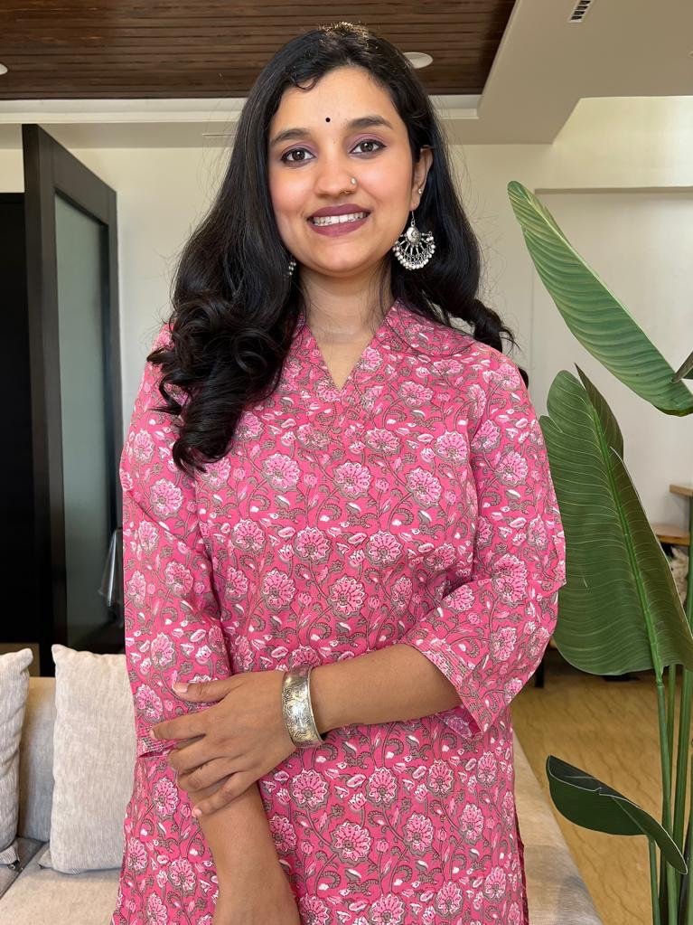 V Neck Cotton Kurta- Pink Florals