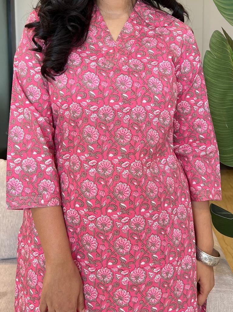 V Neck Cotton Kurta- Pink Florals