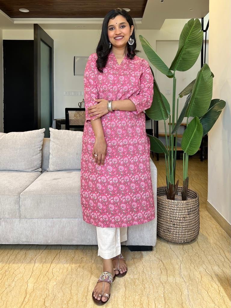 V Neck Cotton Kurta- Pink Florals